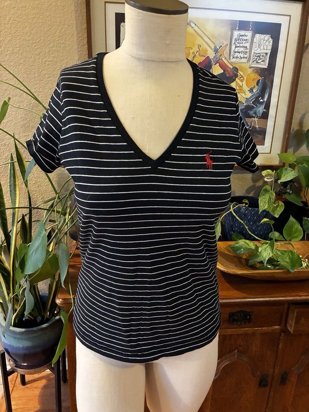Polo Ralph Lauren Women Cotton Short Sleeve T-shirt Black White Stripe Sz Small